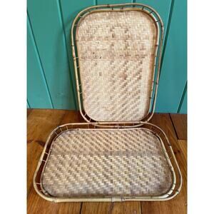 Vintage Lot of 2 Tiki Bar Bamboo/Rattan Buffet TV Trays. Serving/party 19"x 13"